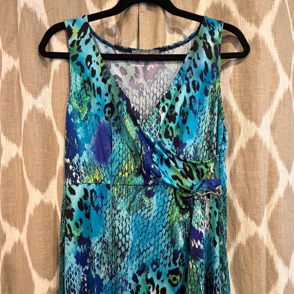 NY Collection Petite M Blue Green Animal Print Faux Wrap Midi Dress Sleeveless